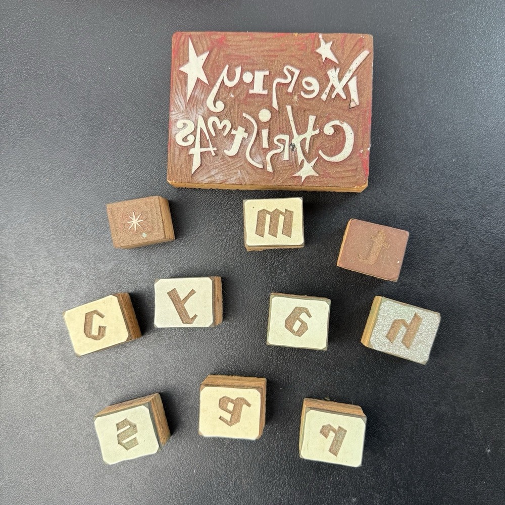 VTG Wood Block Stamps Alphabet Christmas Atomic Star Mid Century Letter Press‎